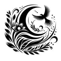 Intricate black and white circular floral with a flying bird, a crescent moon, and decorative elements on a white background. vector