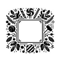 Black and white square frame with candy, leaves, and floral elements, perfect for a sweet invitation. vector
