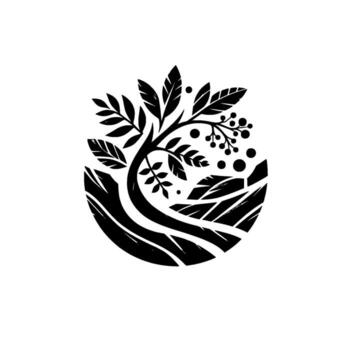 negro y blanco emblema un estilizado árbol con hojas, bayas, y un curvo base, anidado dentro un roto círculo, minimalista vector