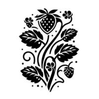 Black and white illustration featuring stylized strawberries, leaves, flowers, and vines arranged in a symmetrical, vertical design. vector