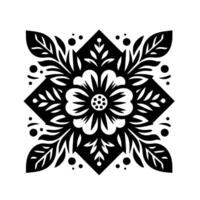 Intricate symmetrical floral in black and white, featuring a central flower, diamond pattern, and stylized leaves and dots, perfect for application. vector
