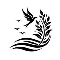 Black and white minimalistic artistic illustration of a flying bird near leaves, a serene water scene, and sun, evoking peace and nature. vector