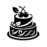 Elegant twotiered cake silhouette with cherries and leaf accents on a white backdrop, a minimalist bakery design. vector