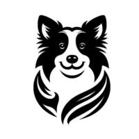 Black and white border collie in minimalist style with leaflike accents and smiling expression on white background. vector