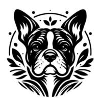 Stylized black and white illustration of a french bulldog face within a decorative circular frame, featuring floral accents and geometric details. vector