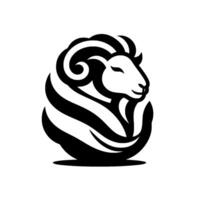 Minimalist black and white of a sheeps head with a stripped, rounded silhouette, calm expression, and artistic vector