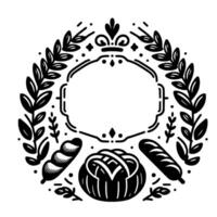 Ornamental black and white bakery emblem with loaves of bread encircled by wheat branches, leaves, and decorative elements. vector