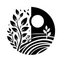 Yin yang black and white illustration with a stylized tree and field contrasting with a night scene and moon. vector