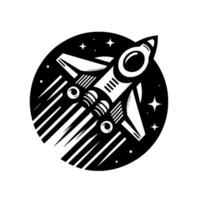 Stylized black and white illustration of a rocket launching into space inside a circular cosmic background with stars. vector