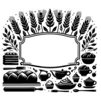 Black and white bakery frame wheat, bread, pastries, and baking utensils decorate a blank rectangular space. vector