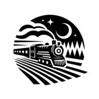 Black and white illustration of a steam train at night, passing through a forest with a moon and stars, inside a circular frame. vector
