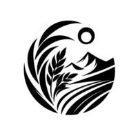 Minimalist black and white emblem wheat field, mountains, and sun within a circular frame, evoking natures bounty. vector