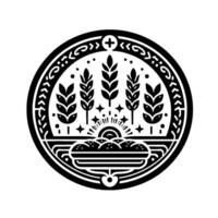 Ornate circular emblem wheat stalks, sunrise, and decorative border elements creating a symmetrical, minimalist agricultural design. vector