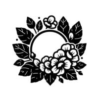 Elegant black and white floral frame with leaves and blank circle, perfect for invitations and logos. vector