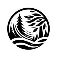 Black and white stylized nature scene inside a circle, featuring a conifer tree, foliage, and undulating lines evoking water or land. vector