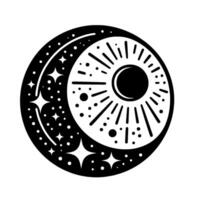 Celestial black and white symbol moon and sun intertwined with stars and dots in a circular design. vector