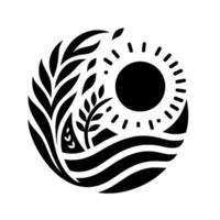 Circular black and white illustration of a sun with rays above fields of wheat and other crops, suggestive of harvest or natural farming. vector