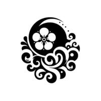 Elegant black white floral with moon and swirling decorative elements, isolated on white background. vector