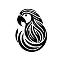 Minimalist parrot crest bold black and white depicting a profile silhouette of a parrots head and body on white background. vector