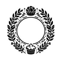 Elegant black and white floral wreath with cupcakes, circle center, and minimalist design. vector
