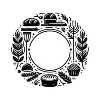 A black and white bakerythemed circular illustration, filled with various bread items, leaves, and a central open circle, radiating warmth. vector