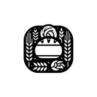 Bold, minimalist illustration of bread and wheat, featuring a stylized loaf within a rounded rectangle, black on white. vector