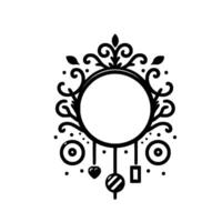 Ornate black and white round frame with dangles, dots, and decorative flourishes on a plain white background. vector