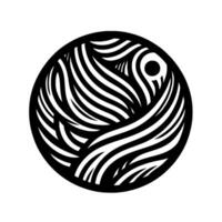 A stylized black and white illustration of a circular featuring flowing, wavelike lines swirling around a central point that resembles an eye. vector