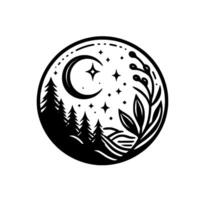 Silhouette circle art crescent moon, starry night, forest trees, and botanical elements in black and white vector