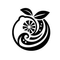 Intricate monochrome citrus design circular symbol with stylized lemon, leaves, and spiral pattern, ideal for branding, icon, or logo. vector