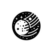 Minimalist black and white cosmic design crescent moon, striped planet, and stars within circular frame. vector