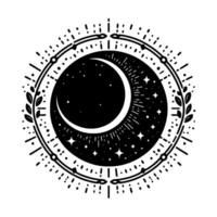 Crescent moon and starry night celestial illustration, surrounded by an ornamental decorative frame, in black and white. vector
