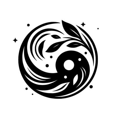 Symbolic yin yang embellished with leaves, swirls, stars and dots, presenting harmony in black and white.