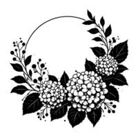 Elegant black and white floral illustration of a wreath, featuring detailed hydrangeas, leaves, and berries encircling an empty circle. vector
