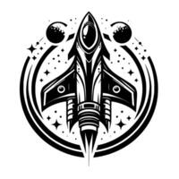 Bold black white retro spacecraft illustration rocket surrounded by planets stars in circular frame. vector