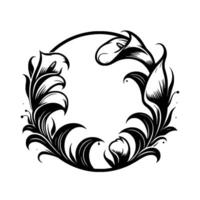 Elegant black and white floral circle frame illustrative depiction of calla lilies and leaves forming a decorative circular border with a minimalist design. vector