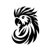 Bold black and white parrot head in a minimalist and stylized art design, symbolizing strength and exuberance. vector