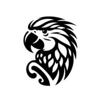 Art of a parrots head bold black and white with detailed feathers and a decorative swirl, isolated on white. vector