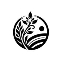 Monochromatic circular emblem depicting a budding plant, fields, and sun symbolizing growth and nature. vector