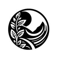 Black and white circular illustration a leafy branch, moon, and mountain composition, a symbolic and minimalist artistic concept. vector