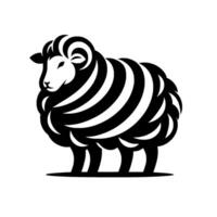 Stylized monochrome illustration of a ram with curly horns and stripped wool, standing on a ground line vector