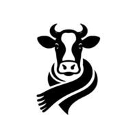 Stylized black and white cow portrait, wearing a scarf, minimalist design, facing forward, and expressive eyes. vector