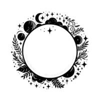 Celestial frame a black and white illustration of planets, stars, moon and foliage encircling a blank circle. vector