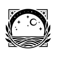 Celestial black white emblem crescent moon, stars, sea, and foliage within a geometric frame vector