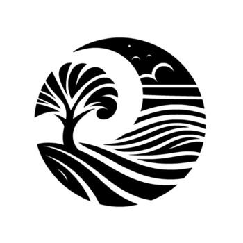 Monochromatic nature scene tree on a hill, rolling waves, clouds, and crescent moon, all set within a circle. vector