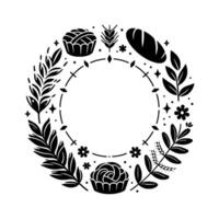 Elegant black and white circular illustration floral and bread wreath with pastries and botanical elements, perfect for bakery logos. vector