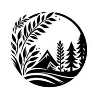 Circular monochrome nature scene with mountains, fir trees, flora and flowing lines, depicting a minimalist landscape within a circle frame. vector