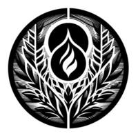 Intricate monochrome woodcut style illustration depicting a stylized flame within a circle, embraced by a symmetric organic of leaves and foliage. vector