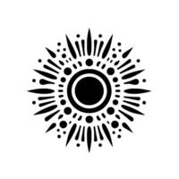 Bold black and white stylized sunburst mandala with concentric circles, dots, and radial spikes, on white background. vector