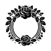 Symmetrical black and white floral wreath with roses and leaves, modern and decorative element. vector